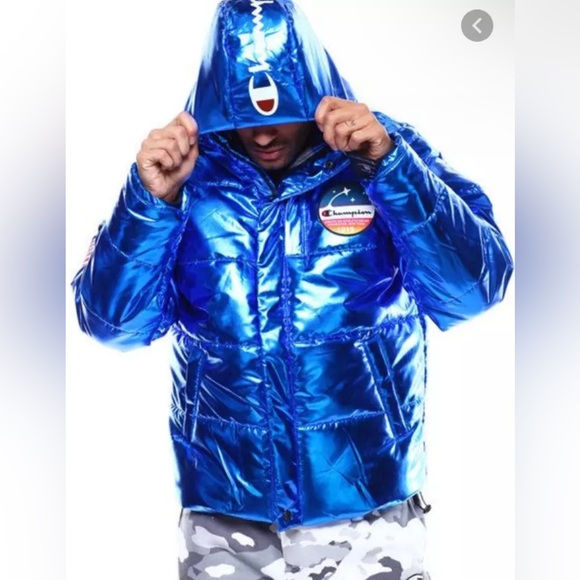 RARE Champion x NASA Metallic Puffer Jacket Mens Blue Quilted Space - Picture 1 of 12